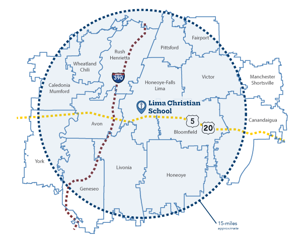 Map of busing radius around Lima Christian School. It shows interstate 390, highway 5/20, and area school districts